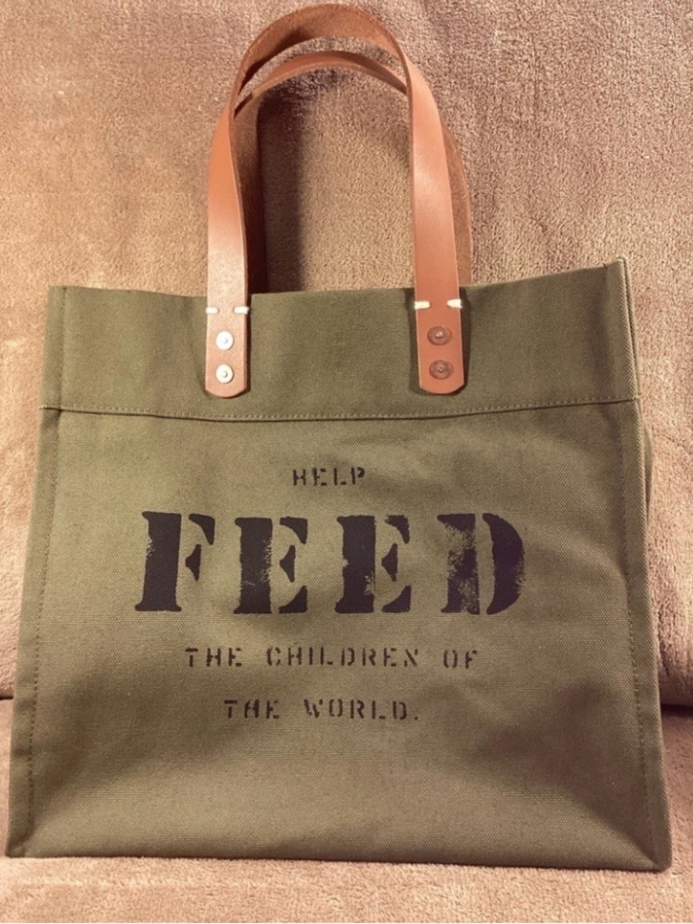 FEED Olive Canvas Tote with Brown Leather Handles